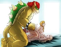 1boy 2girls ambiguous_penetration anna_(frozen) bed blonde_hair bowser bumpy_penis crossover disney doggy_style elsa_(frozen) female firekeeper77 frozen_(film) groping group group_sex hair hand_on_ass hand_on_breast huge_cock human human_on_anthro impossible_fit koopa large_insertion larger_male male mammal mario_(series) moaning monster_cock mutual_masturbation nintendo nude on_back open_mouth penis pleasure_face ponytail red_hair scalie sex sheets shell sisters size_difference smaller_female spiked_bracelet spikes thelionfish threesome twintails