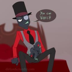 3_penises bed bedroom black_body black_hat_(villainous) cartoon_network cartoon_network_studios clothing dialogue english_text looking_at_viewer male male_only monocle multi_genitalia multiple_penises penis penis_out sharp_teeth sitting_on_bed tagme talking_to_viewer tentacle_penis top_hat unusual_anatomy unusual_genitalia unusual_penis villain villainous