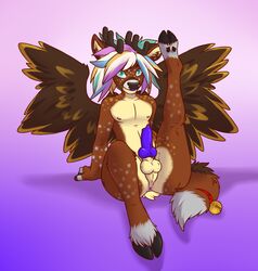 2015 aggrobadger anthro antlers anus aven-fawn cervine deer feathers green_eyes hair hooves horn knot long_hair male male_only mammal multicolored_hair penis peryton pose sitting solo spots tailbell wings