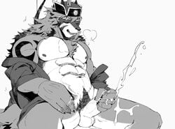 1boy abs balls canine cum erection hachi_duchi male male_only mammal masturbation muscular muscular_male nipples pecs penis pubes solo temujin tokyo_afterschool_summoners wolf