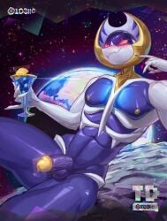balls bat_wings blush cut_penis dick drink dripping_precum golden_skin grin grinning grinning_at_viewer looking_at_viewer lunala male male_only muscle_male muscles nipples pokemon pokemon_(species) precum precum_drip purple_body purple_skin red_eyes space td3lic white_skin wings