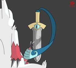 ambiguous_gender balls cum cumshot duo gipbandit grey_background handjob hi_res honedge male nintendo orgasm penis plain_background pokemon pokemon_(species) sword tapering_penis video_games weapon zangoose