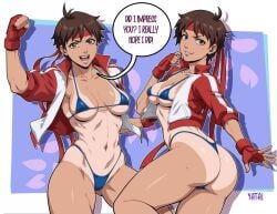 1girls ass bikini brown_hair capcom dialogue female grin sakura_kasugano short_hair street_fighter street_fighter_v tanline tanlines text tomboy yatagarasunopen yatagarasupen