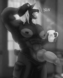 abs ahazador_(character) anthro armpit_fetish armpit_hair army army_uniform biceps big_penis blonde_hair body_hair breasts canid canine canis clothing coffee_mug dobermann domestic_dog erection genitals hair hat headgear headwear hi_res huge_cock hyper hyper_genitalia hyper_penis kneenipple knot knotted_penis long_hair male mammal morning morning_wood muscular muscular_anthro muscular_male open_mouth pecs penis pinscher solo steam teeth ushanka yawn yawning_position