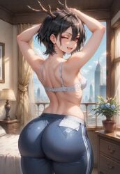 ai_generated antlers black_hair christmas elf_ears eye_contact female gloves pixie_cut red red_eyes red_gloves seductive_expression short_hair smirk smug_expression teasing usebackdooronly zan50ai
