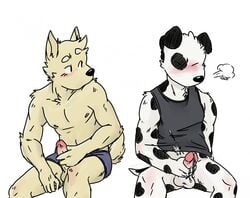 anthro balls blush bottomless canine canine closed_eyes clothed clothing cum dalmatian duo erection half-dressed male mammal masturbation mutual_masturbation mysterymanbob penis