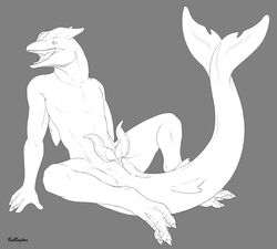 1boy 2015 animal_genitalia anthro cetacean dinosaur diphallia diphallism dolphin dorsal_fin erection fin genital_slit hemipenes hybrid line_art male male_only mammal marine monochrome multi_penis open_mouth penis redraptor16 slit solo spreading tongue