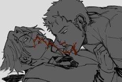 2boys 2d 2d_(artwork) 2d_artwork 2male 2males 2man 2men blood_drip blood_in_mouth blood_on_face clothed dressed earrings facial_hair fully_clothed fully_clothed_male fully_dressed gay gay_male grayscale homo homoerotic homosexual homosexual_male licking male male_only nosebleed one_piece roronoa_zoro sanji sanji_(one_piece) short_hair sinkurteeth tagme vinsmoke_sanji zoro_(one_piece)