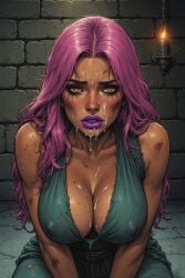 ai_generated big_breasts bruises cleavage cum_on_breasts cum_on_face dark-skinned_female dark_skin eyeshadow female kneeling nipple_outline purple_lipstick runny_makeup sad slave slavegirl violet_hair