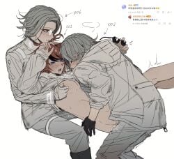 3boys ahoge anal aotsuki_eito black_gloves black_streaks blue_eyes blush clone_harem closed_eyes clothed_sex clothes_lift crying cum drooling dual_persona eyeshadow full-face_blush glasses gloves grey_hair highres holding holding_removed_eyewear hood hoodie jacket last_defense_academy_school_uniform looking_at_another makeup male male_focus multicolored_hair multiple_boys nipple_stimulation nipple_tweak no_pants note panties pants red_eyeshadow red_hair school_uniform screenshot_inset sex short_hair simple_background streaked_hair sumino_takumi sunglasses sweat syuu_1125 the_hundred_line_-last_defense_academy- underwear unworn_eyewear white_background white_gloves white_hoodie white_jacket white_panties white_pants yaoi
