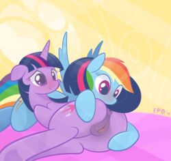 2015 animal_genitalia anus ass blush braddo cutie_mark duo equine equine_pussy female feral friendship_is_magic hair hi_res horn looking_back lying mammal multicolored_hair my_little_pony on_side pegasus puffy_anus purple_eyes pussy rainbow_dash_(mlp) rainbow_hair smile spread_pussy spreading twilight_sparkle_(mlp) unicorn wings yuri