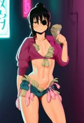 ai_generated alley annoyed black_hair booty_shorts breasts condom daisy_dukes dollar_bills embarrassed eye_patch female filled_condom ghetto gintama holding_money lights money neon_lights prostitute prostitution sexy sexy_pose short_shorts skimpy skimpy_clothes small_breasts thin_female thin_waist yagyuu_kyuubei