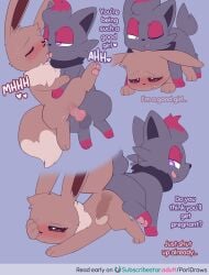 absurd_res animal_genitalia animal_penis balls blush bodily_fluids canine_genitalia canine_penis comic cum cum_inside dialogue doggy_style duo eevee english_text female feral from_behind_position generation_1_pokemon generation_5_pokemon genital_fluids genitals heart_symbol hi_res internal kissing knot knotted_penis knotting male male/female nintendo pawpads penis pokemon pokemon_(species) porldraws rule_63 sex simple_background sweat text tongue zorua