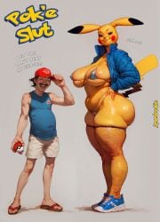 1boy 1girl ai_generated amandovakinai anthro ash_ketchum big_ass big_breasts breasts chubby english_text fat_male female furry_female larger_female male pikachu plump plump_ass plump_thighs pokemon thicc