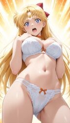 ai_generated bishoujo_senshi_sailor_moon blonde_hair bow_panties bra embarrassed hands_on_breasts minako_aino panties pinky_ai red_bow sailor_venus tagme underwear viewed_from_below white_bra white_panties