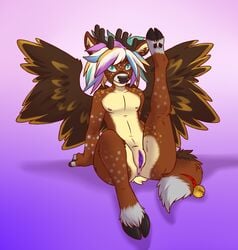 2015 aggrobadger anthro antlers anus aven-fawn cervine deer feathers female flat_chested green_eyes hair hooves horn long_hair looking_at_viewer mammal multicolored_hair peryton pose presenting presenting_pussy pussy sitting solo spots spread_legs spreading tailbell wings