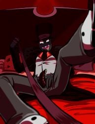 bed bedroom black_body black_hat_(villainous) cartoon_network cartoon_network_studios clothing laying_on_bed leash leashed_pov legs_spread looking_at_viewer monocle penis penis_out pov sharp_teeth spreading_legs submissive_pov suit tagme top_hat villain villainous