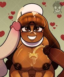 bangs biostris black_penis breasts brown_eyes brown_hair cocoa_cookie cookie_run cookie_run_kingdom cookie_run_ovenbreak cum_on_face cum_on_hair cumming dark-skinned_female dark_nipples female golden_shower large_breasts large_penis long_hair looking_at_viewer looking_up male on_knees pee_on_chest peeing peeing_on_another peeing_on_breasts penis piss_on_body pov small_penis smiling smiling_at_viewer urine watersports white_penis