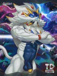 anthro beard blue_eyes crossing_arms cut_penis dick generation_7_pokemon lion looking_at_viewer male_only mane muscle_male muscle_man muscles pokemon pokemon_(species) solgaleo space td3lic white_beard white_fur