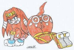 big_ass big_breasts big_butt blue_eyes dat_ass doggy_style doggy_style_position high_heel_sandals looking_at_viewer looking_back_at_viewer marlon64 mobian_echidna naked_female naked_gloves naked_jewelry naked_sandals orange_body orange_fur orange_hair painting_body sega sexy_face showing_ass showing_off showing_off_ass solo_female sonic_(series) sonic_the_hedgehog_(series) tikal_the_echidna traditional_drawing_(artwork) tribal white_background