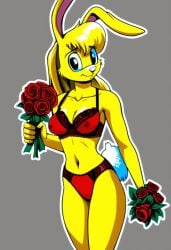 ai_generated female female_only furry holding_flower jazz_jackrabbit_(series) lori_jackrabbit red_bikini red_flower red_rose rose self_upload