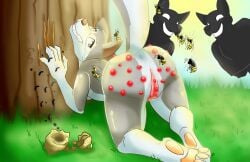 all_fours ambiguous_gender anthro anus arthropod ass bee_sting beehive bodily_fluids canid canine canis cynderella female feral genitals grass group humiliation hymenopteran insects mammal nude plant public public_humiliation raised_tail solo_focus swarm tail tears tree vulva wasp wolf