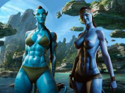 2girls ai_assisted ai_generated avatar avatar:_the_way_of_water bikini blue_skin breasts female flashing_breasts istoleurmom1 recom_walker recombinant sexy_pose yellow_eyes z-dog zdinarsk