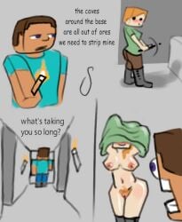alex_(minecraft) confused embarrassed embarrassed_nude_exposure embarrassed_nude_female exposed_breasts exposed_nipples female_focus funny minecraft mining mistake misunderstanding sandiestlittlefella steve_(minecraft) stripped stripping undressing undressing_self