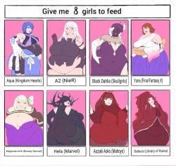 8girls aozaki_aoko aqua_(kingdom_hearts) bbw black_dahlia blue_hair bravely_second brown_hair chubby chubby_female fat fat_female fat_fetish female female_only final_fantasy final_fantasy_x gebura_(lobotomy_corporation) gorgeouswaifudom hela kingdom_hearts library_of_ruina magnolia_arch mahou_tsukai_no_yoru marvel multiple_girls nier:_automata nier_(series) project_moon red_hair skullgirls white_hair yorha_a2 yuna
