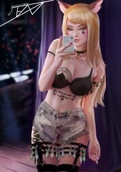 ahri blacked blacked_tattoo edit edited edited_official_artwork fishnets fixi fox fox_ears fox_girl harness k/da_ahri k/da_all_out_series k/da_series kda qos qos_clothing qos_tattoo queen_of_spades selfie stockings tattoo tattoos