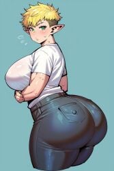 ai_generated back_view big_breasts bubble_ass bubble_butt crossed_arms denim_jeans elf_female female green_eyes huge_breasts looking_at_viewer looking_back massive_ass original_character pixie_cut plump_ass self_upload small_hair sweatdrop sweating synecdoche_(style) t-shirt yellow_hair