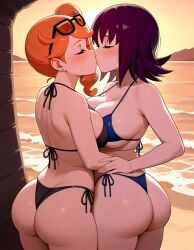 ai ai_art ai_generated beach beach_background bikini black_bikini black_swimsuit black_swimwear blue_bikini blue_swimsuit blue_swimwear female game_freak green_eyes green_eyes_female kiss kissing making_out nintendo orange_hair orange_hair_female philena_ivy pokemon pokemon_rgby pokemon_swsh purple_eyes purple_eyes_female purple_hair purple_hair_female sonia_(pokemon) swimsuit swimwear