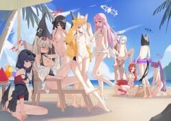 1boy 6+girls absurdres animal_ears ass bare_legs barefoot beach beach_umbrella bikini black_bikini black_hair blonde_hair blue_archive blue_eyes blue_sky blush breasts breasts_out cat_tail closed_eyes cloud completely_nude crotchless crotchless_bikini crotchless_swimsuit cupless_bikini day doodle_sensei_(blue_archive) feet female flat_chest food fox_ears fruit hair_ornament hasumi_(blue_archive) hasumi_(swimsuit)_(blue_archive) hat highres holding holding_swim_ring ichika_(blue_archive) ichika_(swimsuit)_(blue_archive) innertube kikyou_(blue_archive) kikyou_(swimsuit)_(blue_archive) leg_grab lifting_person long_hair looking_at_viewer mika_(blue_archive) mika_(swimsuit)_(blue_archive) multiple_girls nagisa_(blue_archive) nagisa_(swimsuit)_(blue_archive) nagusa_(blue_archive) nagusa_(swimsuit)_(blue_archive) navel nipples nude ocean one-piece_swimsuit open_mouth outdoors palm_tree pink_hair ponytail presenting purple_hair pussy pussy_juice red_eyes renge_(blue_archive) renge_(swimsuit)_(blue_archive) reverse_suspended_congress see-through_clothes see-through_one-piece_swimsuit seia_(blue_archive) seia_(swimsuit)_(blue_archive) sensei_(blue_archive) short_hair sitting sky small_breasts smile squatting straight string_bikini sunglasses swim_ring swimsuit tail tree umbrella very_long_hair watermelon watermelon_slice white_hair xiao_lin_jiu yukari_(blue_archive) yukari_(swimsuit)_(blue_archive)