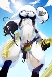 2025 android anthro black_hands blue_sky bodily_fluids boxwater bullet_belt cloud digital_media_(artwork) digital_painting_(artwork) drooling english_text genital_focus genitals glowing glowing_eyes gun gun_penis hi_res looking_at_viewer low-angle_view machine male male_only navel noseless open_mouth open_smile outside painting_(artwork) penis penis_focus ranged_weapon robot saliva sky smile solo speech_bubble text unusual_anatomy unusual_genitalia unusual_penis weapon white_body white_ears white_eyes