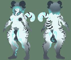 animal_genitalia black_nipples blue_hair_tips body_hair bovid butt_hair caprine felid fully_sheathed fur genitals glowing glowing_markings goat grey_hair hair hair_over_eye horn hybrid long_ears mammal markings model_sheet nipples pantherine pubes purple_flourish reference_image sheath snaggle_tooth tail tiger white_body white_fur