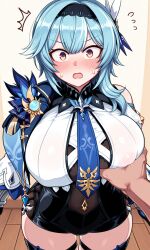 1boy 1girls ai_generated big_breasts blue_hair blush boob_grab breasts duo eula_(genshin_impact) female fully_clothed genshin_impact huge_breasts light-skinned_female light-skinned_male looking_at_viewer male shocked_expression sweating visible_nipples yellow_eyes