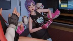 battle_gamer_mae_(fortnite) black_tank_top controller female fortnite fortnite:_battle_royale gamer_girl grandmastersurgeon handjob mae_(fortnite) purple_hair robot_arms