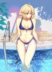 ahoge arcueid_brunestud bikini blonde_hair blue_bikini blue_swimsuit breasts cleavage female highres huge_breasts iro_(sekaixiro) large_breasts long_hair navel partially_submerged pool red_eyes sitting solo swimsuit thick_thighs thighs tsukihime tummy very_long_hair wide_hips