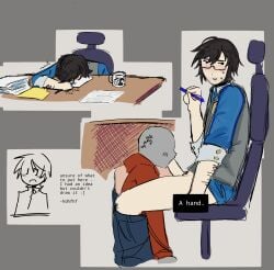anon arsenal_(rolve) blush giving_head glasses hdhfhf investigator_(rolve) male messy_hair oral roblox robloxian under_table_oral under_the_table work