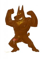 1boy anthro balls canine closed_eyes erection flexing male male_only mammal muscles mysterymanbob penis solo