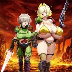 2girls ai_generated alternate_costume bangs bangs_over_eyes bikini boots breasts burning covered_eyes crossover crucible_(doom) doom doom_slayer_(cosplay) elegg_(nikke) energy_sword female firearm gauntlets gloves goddess_of_victory:_nikke gun hair_covering_eye happy holding holding_gun holding_object holding_sword holding_weapon lava oerba_yun_fang open_mouth pauldrons pouch praetor_suit scared shoulder_pads shoulders solam sword talking talking_to_another tremble_lines trembling underboob uzaki-chan_wa_asobitai! uzaki_yanagi weapon yellow_bikini