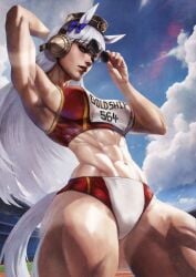 abdomen abs absurdres arm_up armpit armpit_showing armpits arms_up ass ass ass_visible_from_the_front ass_visible_through_thighs big_ass big_butt big_legs big_thighs black_glasses blue_ribbon breasts cap cloud clouds covered_ears female female female_focus female_only fit fit_female fitness glasses glasses_on_face gold_ship_(umamusume) highres hips holding holding_object horse horse_ears horse_girl horse_tail huge_ass huge_breasts huge_butt huge_legs huge_thighs legs lifting_glasses light-skinned light-skinned_female light_skin lips monorirogue muscles muscular muscular_armpits muscular_arms muscular_female muscular_legs muscular_thighs numbers obliques pink_eyes presenting presenting_armpit ribbon ribbon_in_hair shiny_abs showing_armpit showing_armpits sky sports sports_bikini sports_bra sports_uniform sportswear sunglasses sunglasses_on_face sunlight sunny text thick_ass thick_legs thick_thighs thighs track_and_field track_uniform umamusume umamusume_pretty_derby white_hair white_hair_female white_skin wide_hips