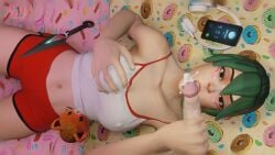 3d bed bedroom blizzard_entertainment clothed clothed_female cum cum_in_mouth cum_on_face female grabbing_own_breast green_hair hourglass_figure kiriko_(overwatch) large_breasts overwatch overwatch_2 penis phone rly