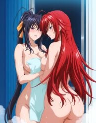 2girls ai_generated akeno_himejima bathroom big_ass big_breasts blush curvy_female female female_only girlfriends high_school_dxd lesbian_couple nude_female rias_gremory rias_x_akeno steam thick_thighs towel voluptuous_female wet wide_hips wife_and_wife yuri