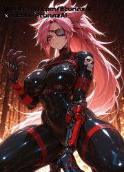 1_eye ai_generated baiken breasts etunazai eye_patch face_tattoo female guilty_gear latex_suit mechanical_arm pink_eye pink_eyes pink_hair