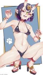 absurdres bikini boqee breasts bukkake cum cum_on_body cum_on_eyewear facial fate/grand_order fate_(series) female flip-flops glasses high_heel_sandals highres horns looking_at_viewer navel oni open_mouth purple_eyes purple_hair round_eyewear sandals short_hair shuten_douji_(fate) skin-covered_horns small_breasts smile solo spread_legs squatting swimsuit variant_set