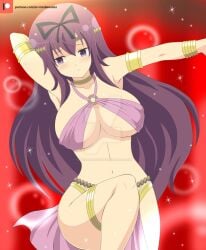 armlet belly_dancer belly_dancer_outfit belly_dancing blush bocas_top bracelet dancing embarrassed harem_girl harem_outfit jewelry large_breasts long_hair looking_away murasaki_(senran_kagura) navel pelvic_curtain purple_hair senran_kagura senranbeauties_(artist) slave_bikini thighlet wide_hips