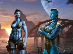 2girls ai_assisted ai_generated avatar avatar:_the_way_of_water blue_skin camo_shorts camo_topwear female istoleurmom1 recom_walker recombinant sexy_pose yellow_eyes z-dog zdinarsk