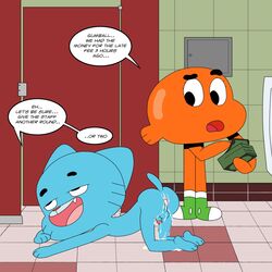 after_sex anthro anus ass balls bathroom blue_fur brothers cartoon_network cum cum_in_ass cum_inside cum_on_ass cum_on_balls darwin_watterson duo fangs feline fish fur furry gaping gaping_anus glans gumball_watterson jerseydevil male male_only mammal marine money open_mouth orange_body penis raised_tail sibling speech_bubble the_amazing_world_of_gumball tongue whiskers yaoi young