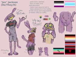 4chan ambiguous_gender anthro ass bodily_fluids bottomwear bottomwear_down cigarette cigarette_in_hand claws clothed clothing columbine darkcyndoge dialogue feet genital_fluids glitch_productions jax_(tadc) lagomorph lgbt_pride long_tail male mammal model_sheet motion_lines null null_bulge overalls pants pants_down partially_clothed pride_colors profanity scar shaking shirt smoke soles solo spread_legs spreading tail text text_on_clothing text_on_shirt text_on_topwear the_amazing_digital_circus topwear trembling urine
